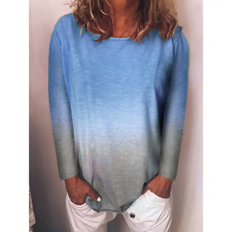 Новая Осенняя Повседневная футболка с градиентным принтом женская круглым