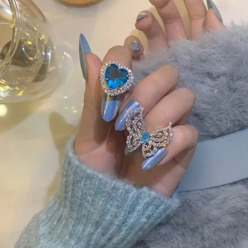 

Lovely Romantic Luxury Heart Butterfly Bow Sapphire Adjustable Ring Female Fashion Personality Exaggeration Womens Blue Rings