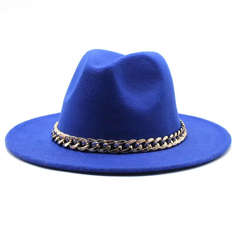 

Mens Women Jazz Top Fedora Hat European American Big Chain Fedoras Fuax Woolen Wide Brim Felt Cap Men Womens Hats Panama Caps