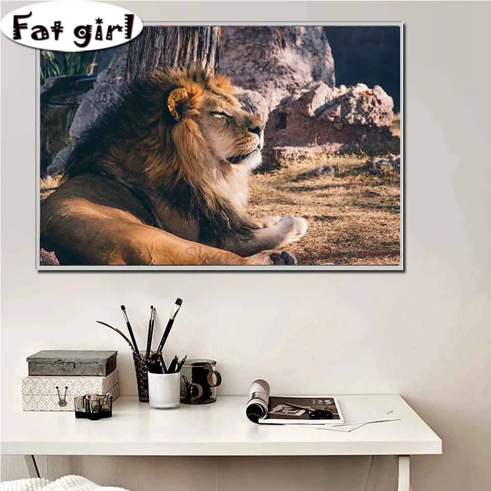 Wall Hanging Animal 5D Diamond Painting Lion With Closed Eyes Diy Embroidery Cross Stitch Mosaic Square Round Drill Done By Hand