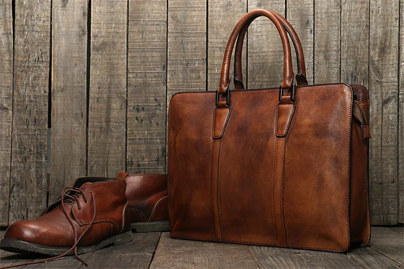 Simple casual natural genuine leather men's large-capacity portable briefcase retro ladies work lawyer shoulder messenger bag