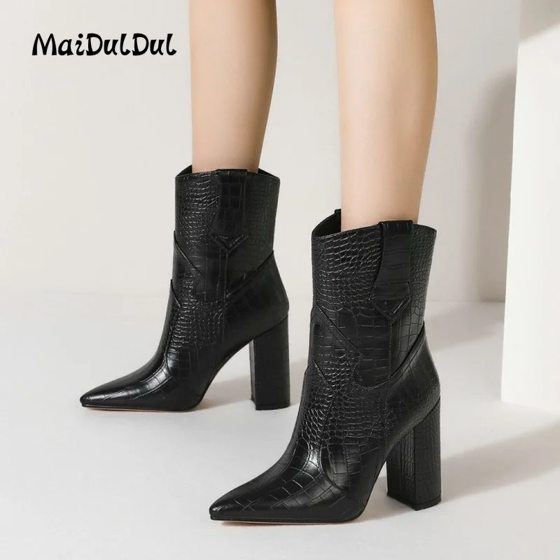 

Women Square Heel Solid Color Pointed Car Stitched Short Boots Women Super High Snakeskin Pattern Western Booties Spring Autumn
