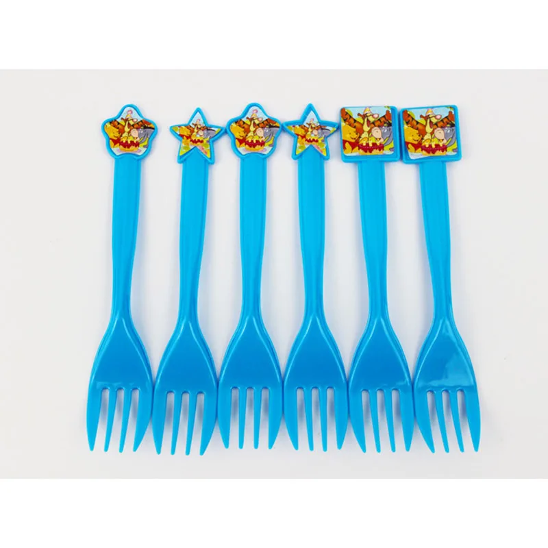 fork-6pcs Детские товары на день рождения, комплект с рисунком Винни-Пуха, детское платье на день рождения, комплект с чашками, соломенная скатерть - Цвет: fork-6pcs