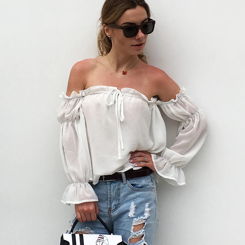 Женские шифоновые блузки с вырезом лодочкой повседневные пляжные белые рубашки
