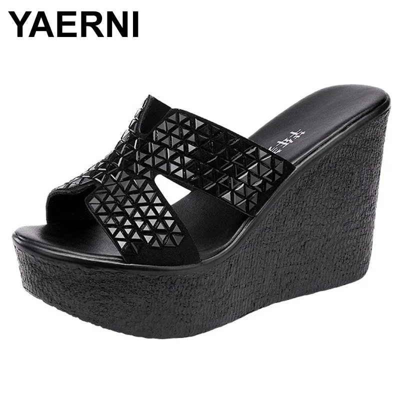 

YAERNI Summer 2021 New 11cm High Heel Sandals Women Wedges Heel Platform Fish Mouth Peep Toe Fashion Footwear Black