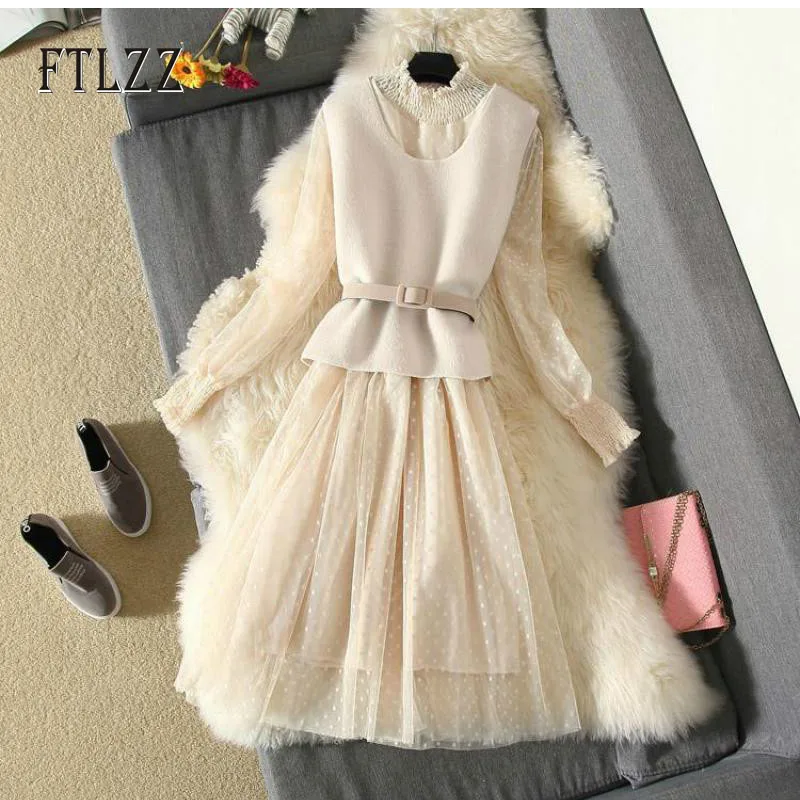 Осенне зимнее женское платье модный жилет и облегающее с поясом воротник стойка