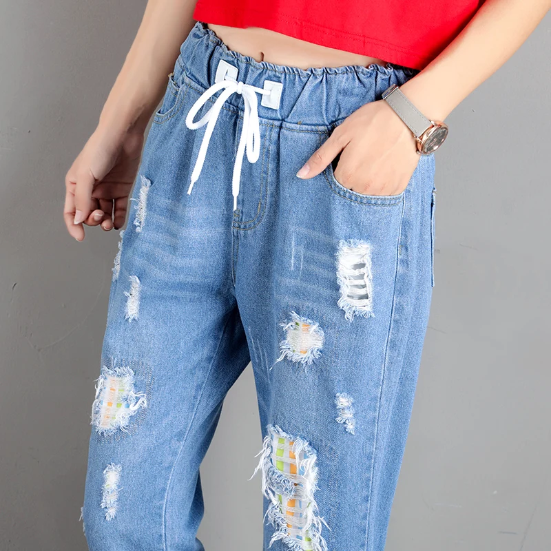 

Fashion Large Size Women's Denim Nine Pants Spring Summer Elastic High Waist Hole Harem Denim Pants Student Jean Trousers Y34