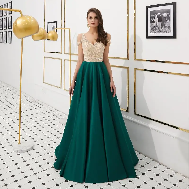 

Sexy Dark Green Backless Evening Dresses Long 2019 vestidos de fiesta de noche Real Pictures A Line Off The Shoulder Prom Dress