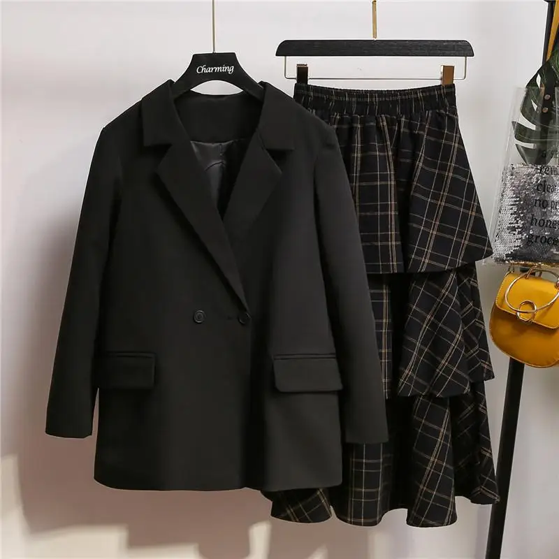 XL-5XL Plus size Autumn Women Blazers Plaid Skirt Suits Lady Office Large Size Single Breasted Jacket Ruffle Two Piece Set | Женская