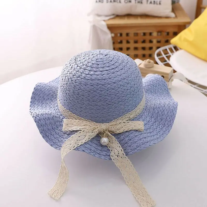 

Cute Girls Straw hat Sun Hat +Should bag Handbag 2pcs sets For Tour Summer Kids Lace Bow Pearl Princess Beach Hats