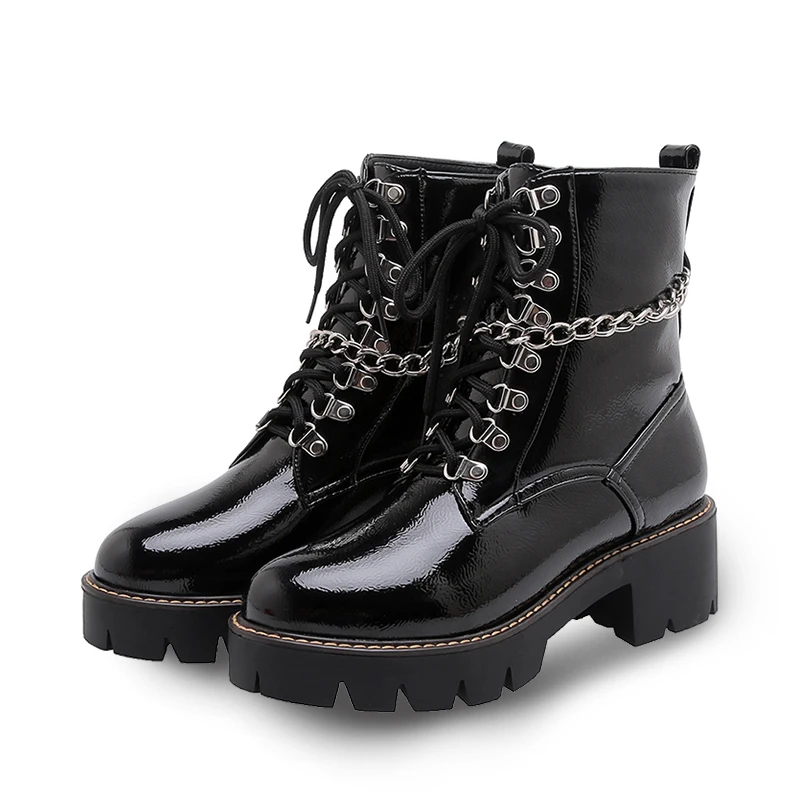 Women Ankle Boots Fashion Black Metal Chain Gothic Shoes Casual Lace Up Square Heels Platform Size 34-43 | Обувь