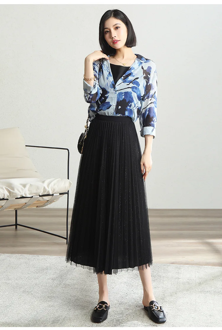 

2021 Summer Women Elegant Fashion Elastic High Waisted Pleated Skirt Female Loose Casual Both Side Mid-long Mesh Skirts 1602