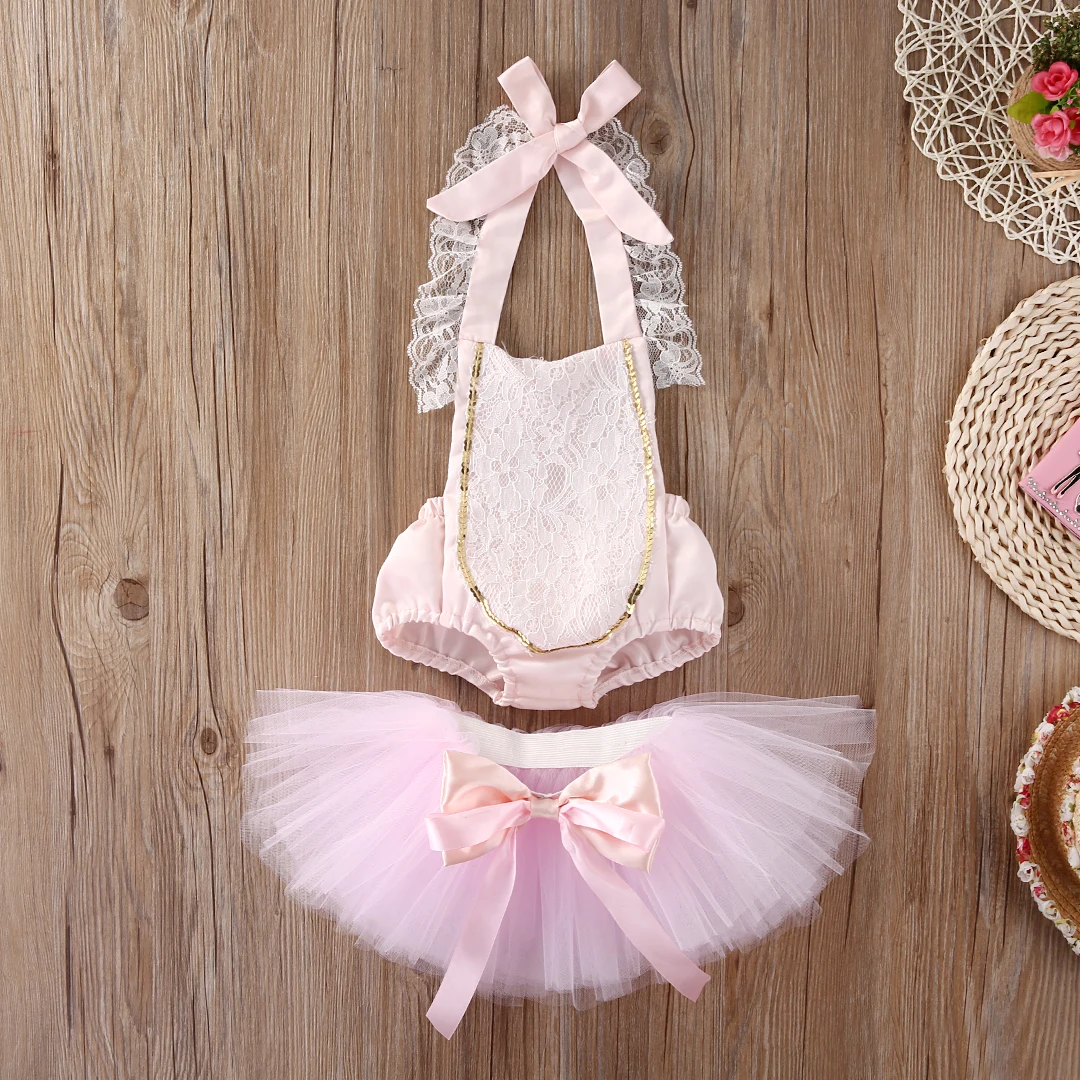 

Newborn Baby Girl Lace Floral Cute Halter Romper Jumpsuit+Tutu Skirts Dress 2pcs Outfits Set Sunsuit