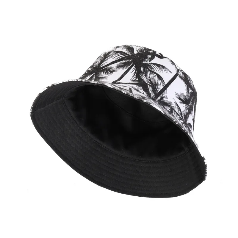 Summer Printed Double-Sided Coconut Palms Fisherman Hat For Men Female Black Outdoor Leisure Panama Bucket Sunhat | Аксессуары для