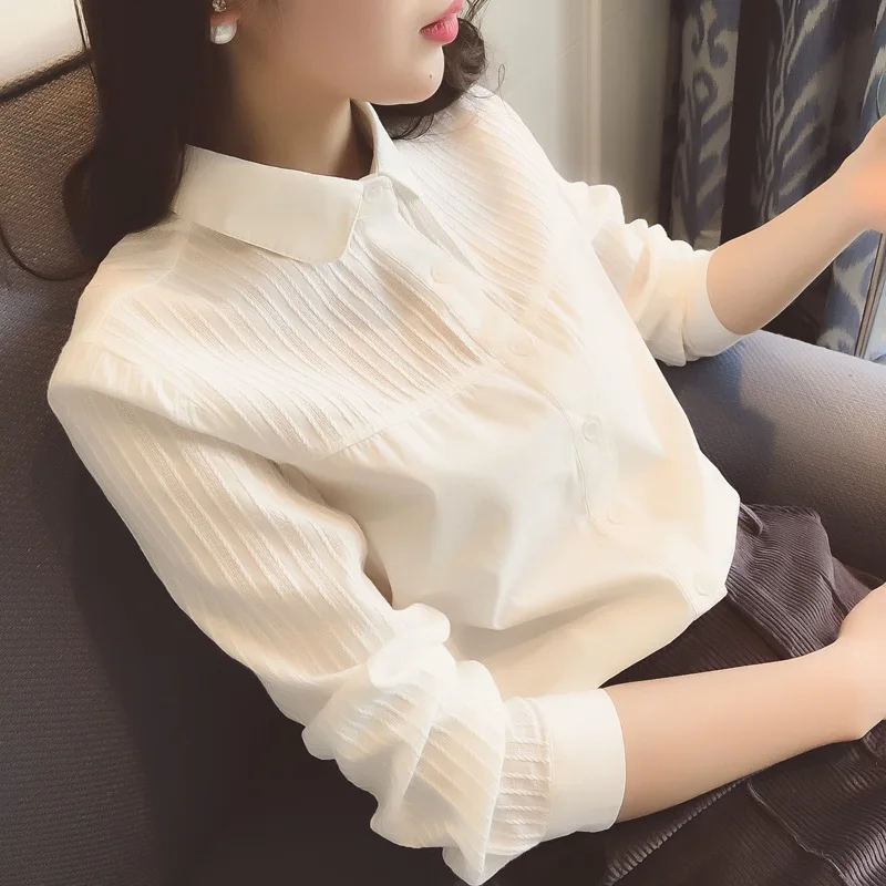 

Women Lace White Shirts Summer Spring Long-sleeve Ruffled 100% Cotton Slim Soft Blouse Tops 0.15 Kg