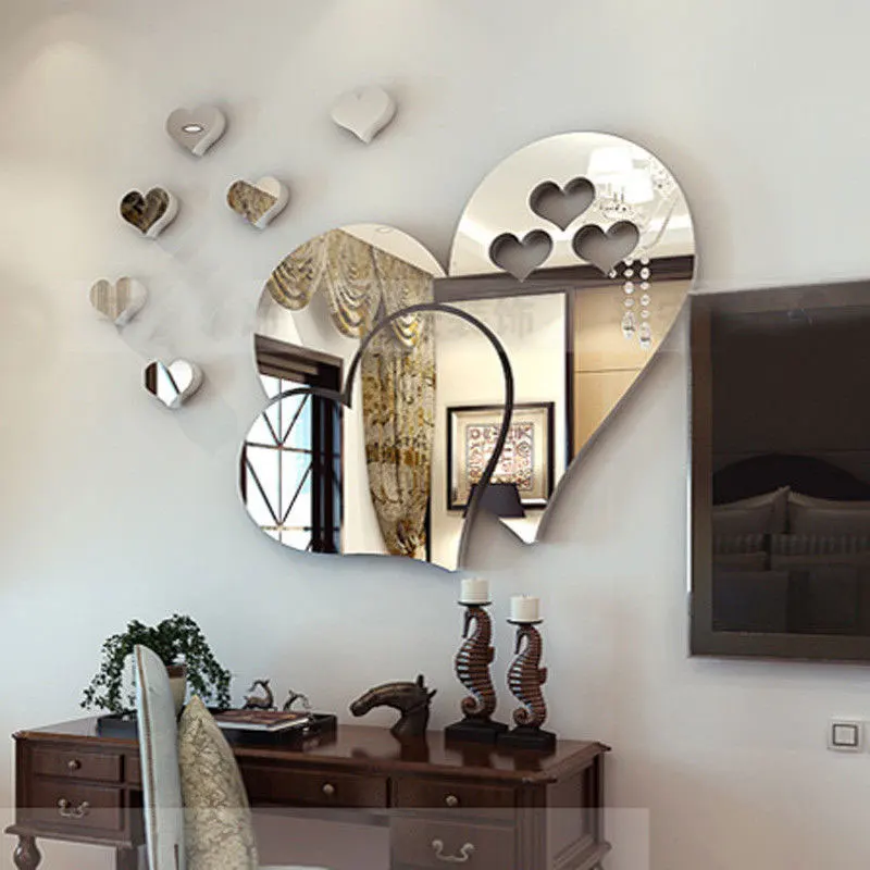 Зеркальные настенные наклейки 3D Love Diy декорация для комнаты съемные сердечки