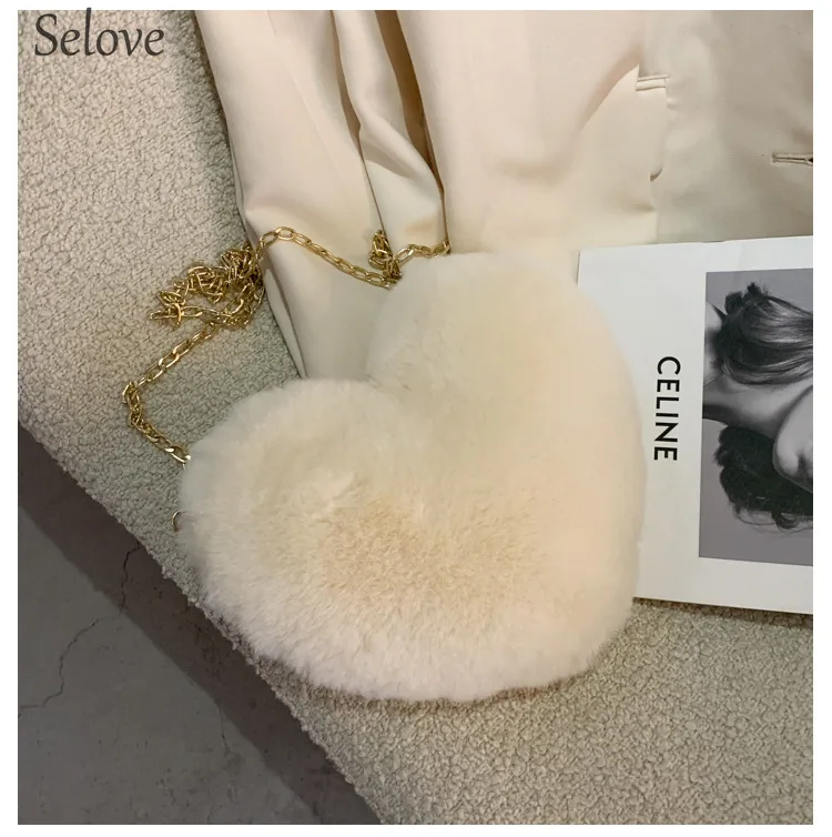 

2021 Women Fashion Heart Shaped Bag Female Chain Messenger Bag Plush Love Shoulder Crossbody Bag Valentine's Day Gift
