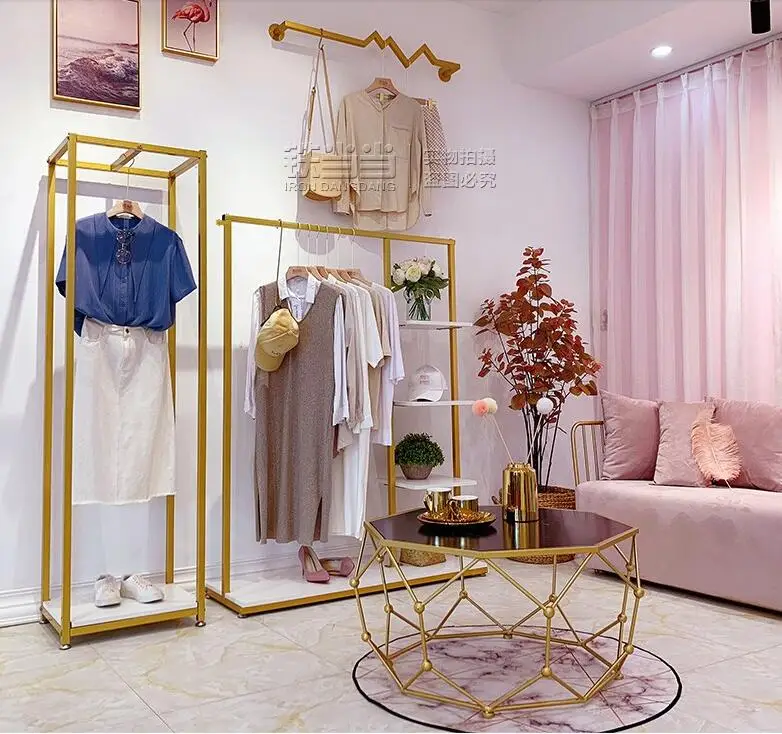 

Clothing rack floor display rack simple side hanger Shop display rack gold clothes hanger