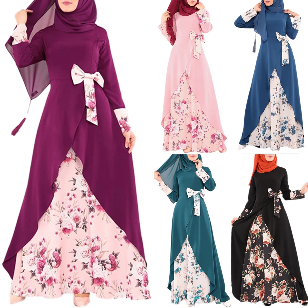 

Muslim Fashion Bowknot Floral Print Muslim Dress Women Turkey Abaya Dubai European Clothing Muslim Dress Long Muslim Prom Dress