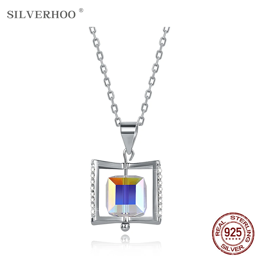 

SILVERHOO 925 Sterling Silver Rotatable Necklace Women Twinkle Austria Crystal With Cubic Zircon Pendant Anniversary's Day Gift