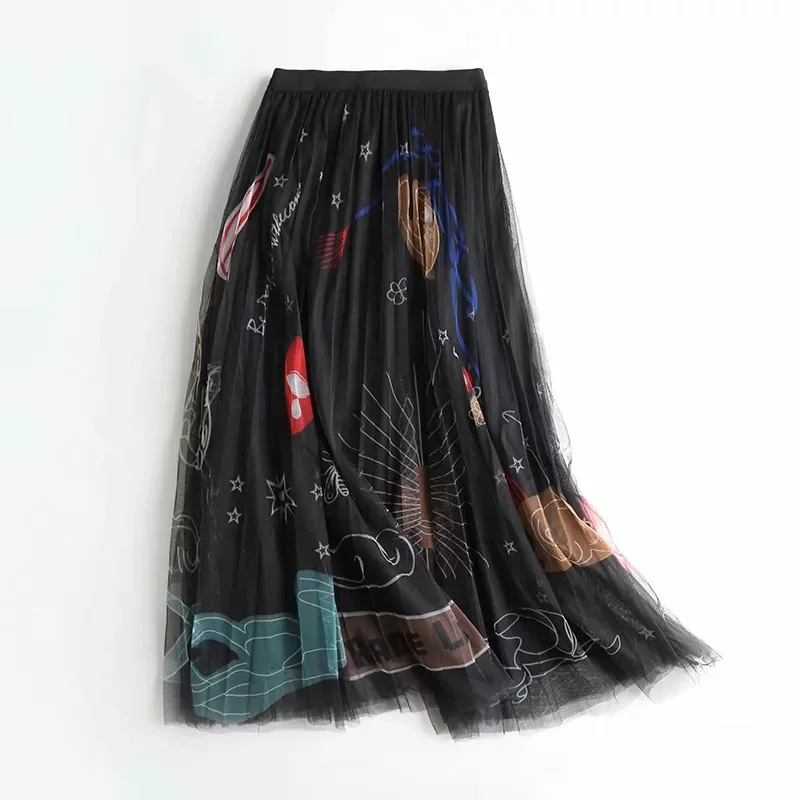 

New Arrival Graffiti Long Tulle Mesh Skirt WF0091 Print Elastic Waist Black White Pink Women Ladies Beach Summer Skirt