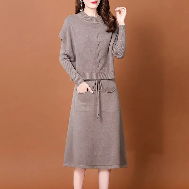 

2023 Spring Woman Temperament Long Sleeve Knitted Dress Female Slim O Neck Thin Sets Ladies Elegant Solid Color 2 Piece Set Q92