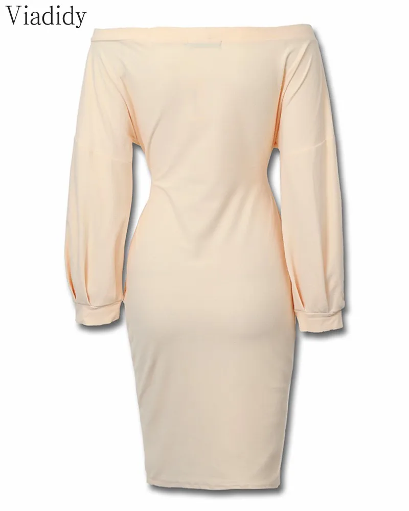 

Women Autumn Lantern Sleeve Midi Dress Elegant Office Lady Deep V Neck Off Shoulder Party Dress