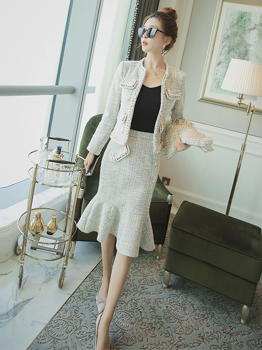 

White Elegant Slim Mermaid Thin Skirt Ladies Blazer Set Two Piece Set Women Skirt Office Ropa De Mujer Women Formal Suits EH50SK