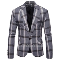 landuxiu fashion new mens casual boutique double buckle suit slim business plaid jacket blazer coat