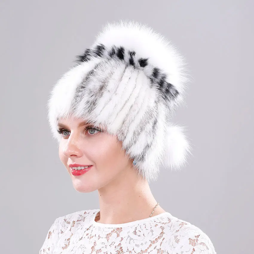 ICYMI Women's Elastic Knitted Hats Real Mink Fur Beanies with Fox Pom handmade Winter Cap Russian Hat for Women | Аксессуары для