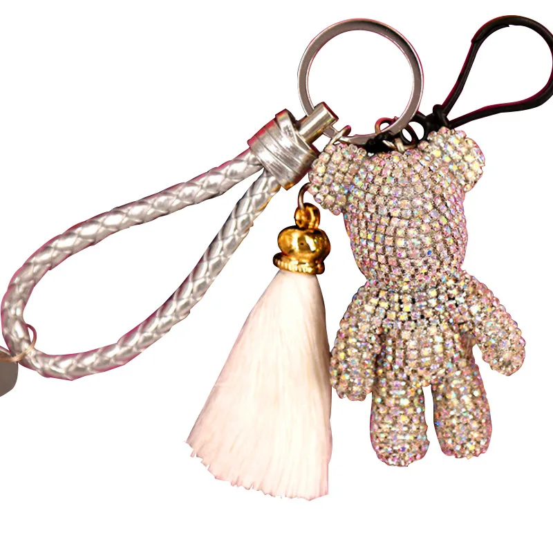 2020 High quality Crystal Cartoon Pessimistic Bear Keychain Fashion skin Rope Fringe Key chains Women Bag Car key Ring | Украшения и