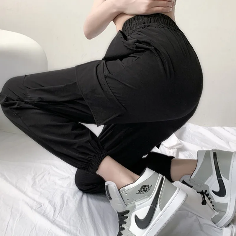 

Genayooa Summer Cargo Pants Women Elastic High Waist Pants Balck Casual Streetwear Harem Pants Korean Style Trousers Female 2021