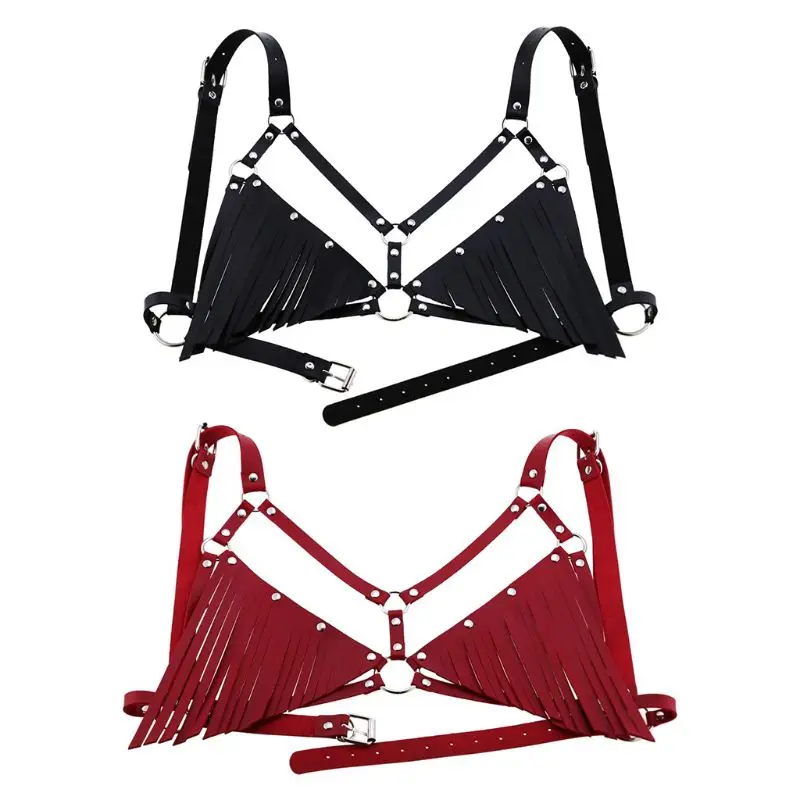 

Women Gothic Punk Faux Leather Tassels Chest Harness Hollow Out Bralette Rivet O-Rings Adjustable Waist Belt Body Chain Clubwear