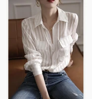 autumn womens clothing 2021 new white silk shirt female long sleeved professional temperament gold silk striped shirt