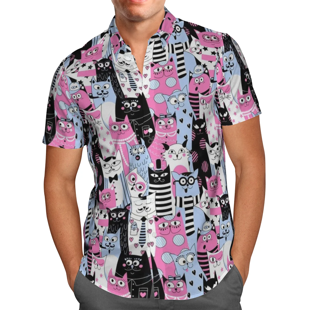 

Animals Cats Print Short Sleeve Shirts For Men Loose Cardigan Button Shirt Plus Size Hawaiian Style Summer 2021 Ventilated Shirt