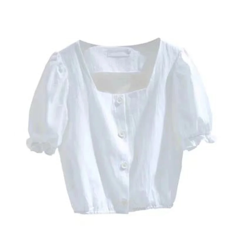 

2021 New Summer Women's Wear Korean Open Clavicle Large Loose Bubble Sleeve T-Shirt Square Neck French Short Waist Pullover