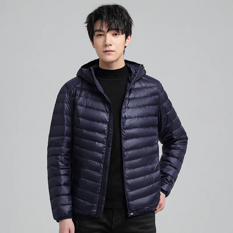 

Autumn and winter new fashion hooded jacket men's thin solid color down jacket men's short trend casual white duckling