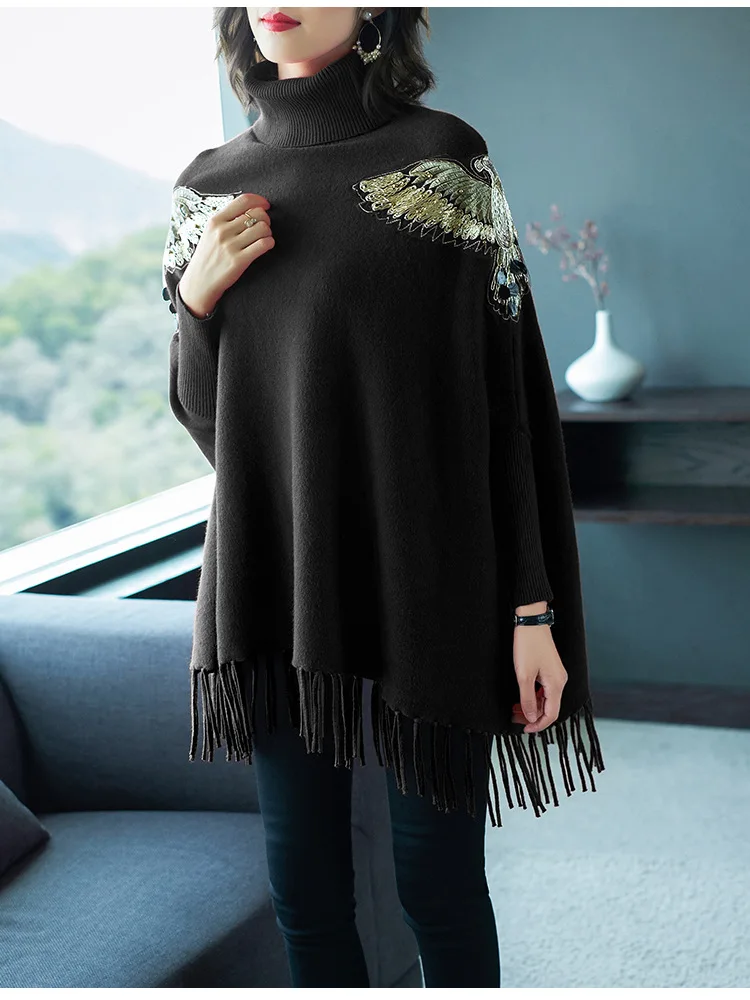 2019 autumn and winter Sweater flying eagle embroidery loose head cloak coat new sweater female ins | Женская одежда