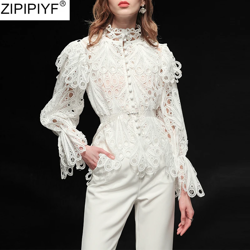 Весна лето 2020 белые женские блузки на шнуровке с рукавом фонариком элегантные