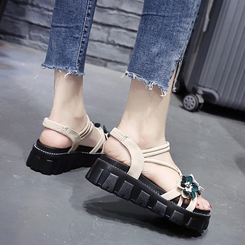 

Flower Decoration Women Sandals Summer Elegant Thick Bottom High Heels Slip-On Sandals Solid Casual Flats Shoes Fast Shipping