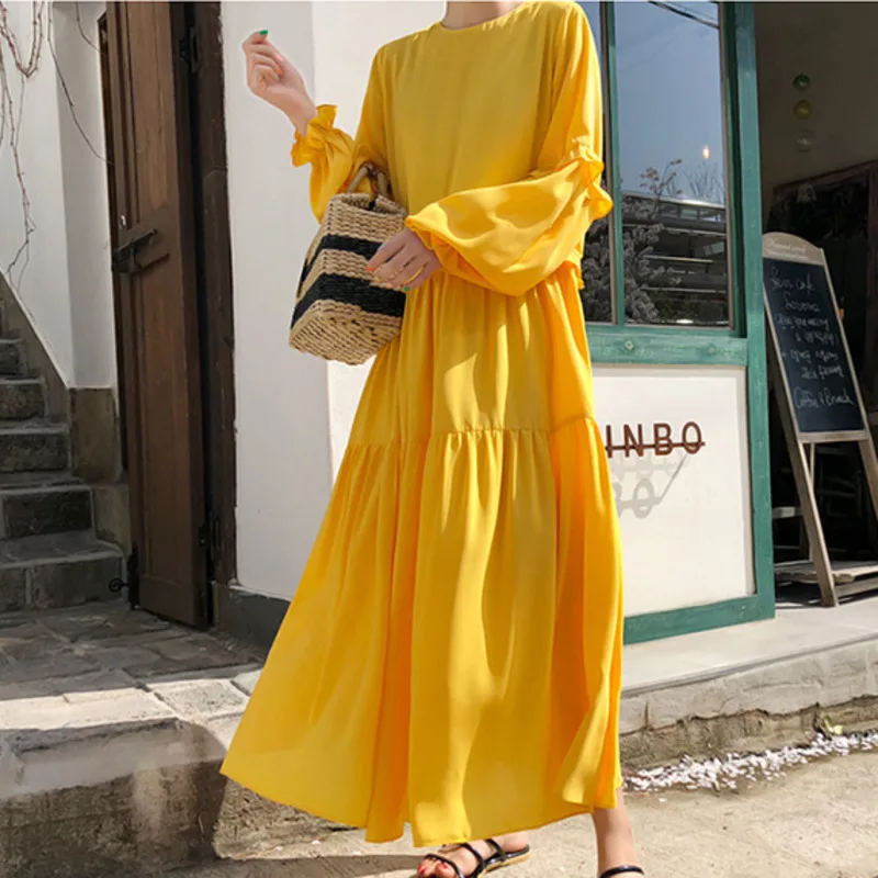 LANMREM однотонное свободное женское платье с круглым вырезом и рукавами фонариками