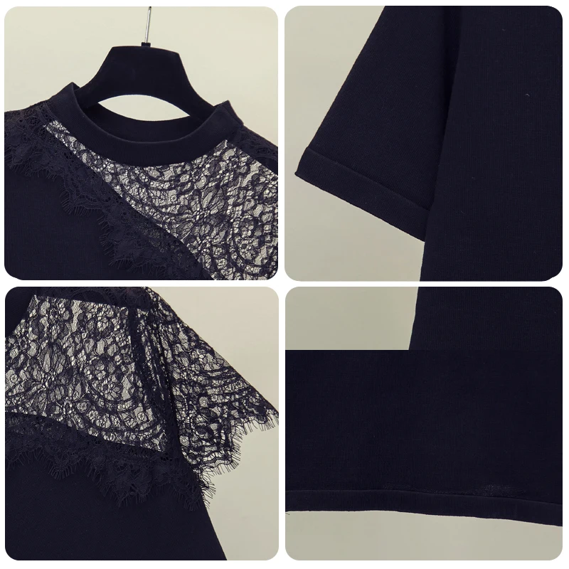 Женский кружевной свитер с коротким рукавом и круглым вырезом | Женская одежда