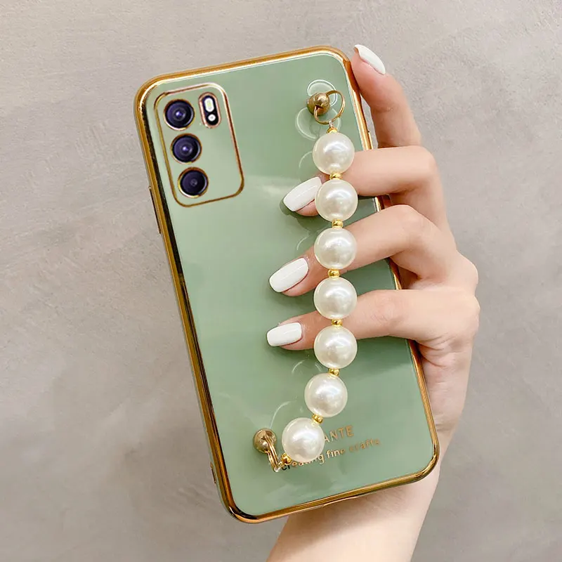 Luxury Wrist Chain Pearl Bracelet Case For Oppo Reno6 Cover For Oppo Reno6 Pro Case Soft Silicone Capa oppo Reno 6 Pro