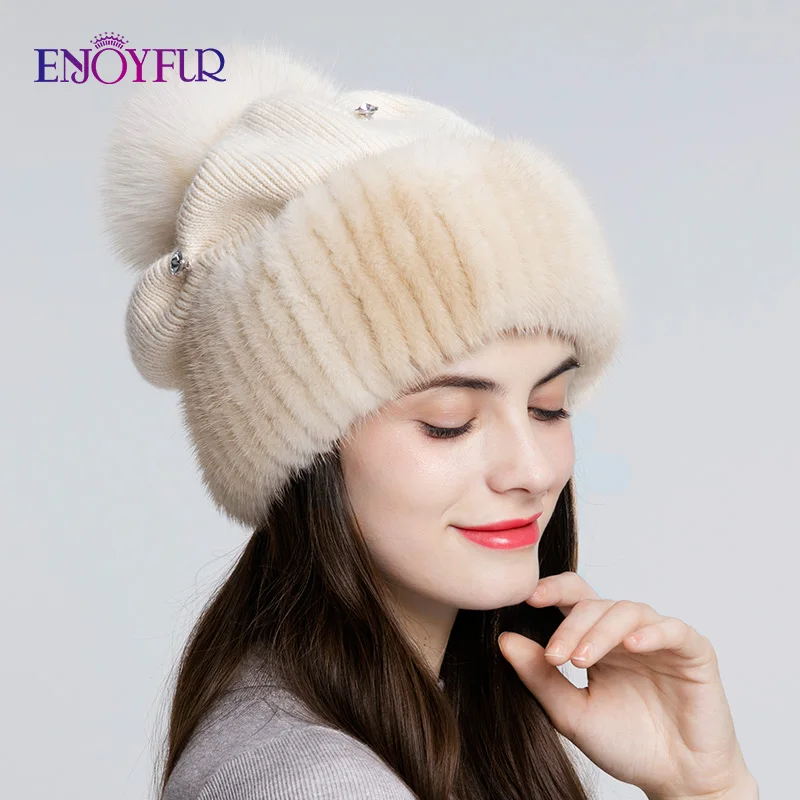 ENJOYFUR норки мех вязаные шерстяные шапки для женщин зимние толстые теплые