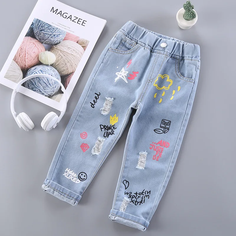 Children Jeans for Girls 2021 Fashion Casual Kids Clothing Hole Ripped Denim Trousers Graffiti Painting Printed Pants 2 3 6 Yrs