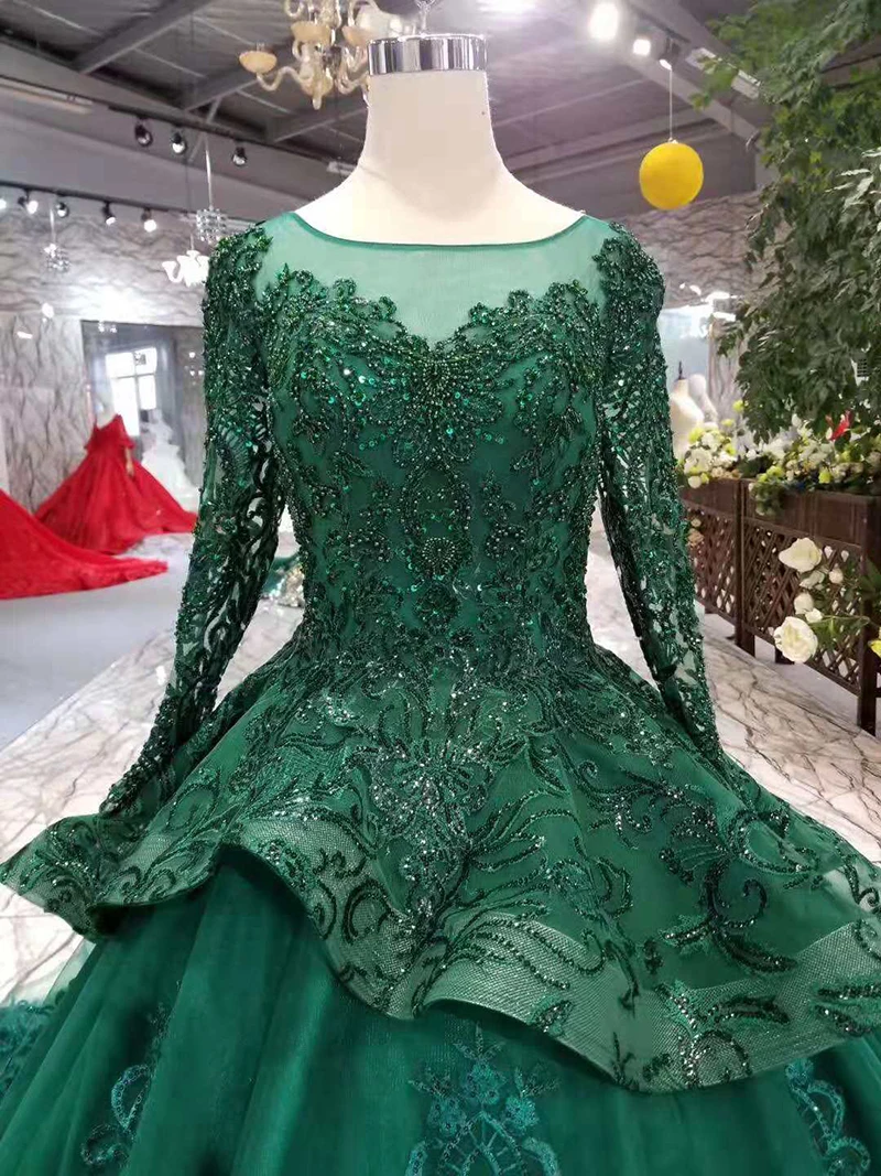 

BGW 2273ht Green Evening Party Dress Ladies Long Sleeve O Neck A-line Muslim Evening Dress Long 2020 More Layers Skirt Appliques