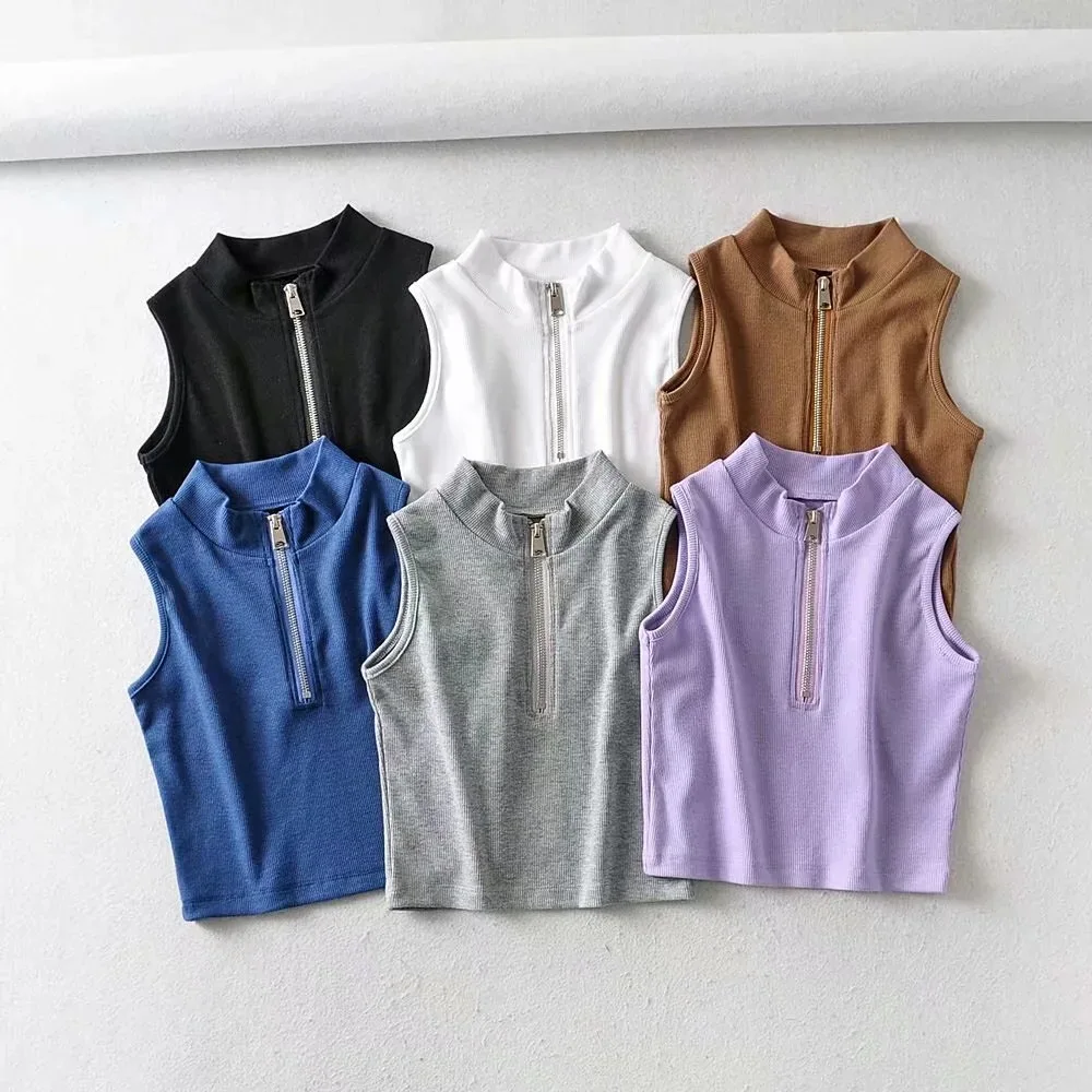 

Женский трикотажный топ на молнии, трикотажный пуловер без рукавов с воротником-стойкой, спортивная одежда для девочек, 2020