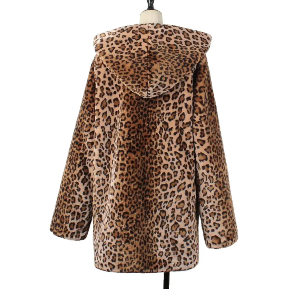 

Faux Fur Coat Plus Size Women Winter Fluffy 2019 Plush Coat Fashion Leopard Hooded Coat Warm Soft Outwear Manteau Faux Fourrure