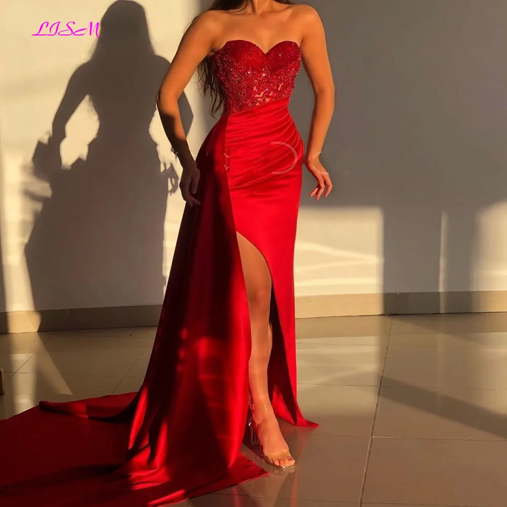 

Red Satin Lace Sequines Evening Dresses With Overskirt Long Mermaid Prom Party Gowns Slit Pleated Formal Women Dress