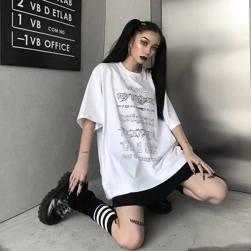 

New Harajuku Gothic letter Printed Loose Top Hip Hop Kpop Female Short Sleeve Tees Dropshipping Cotton Punk Clothes T-shirts